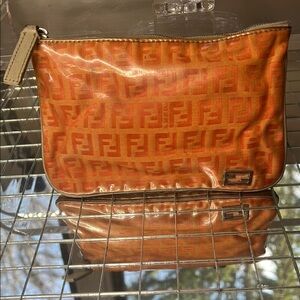 Fendi Zucco Zucchino Orange Peach Clear Coated Canvas Zip Pouch Clutch Bag